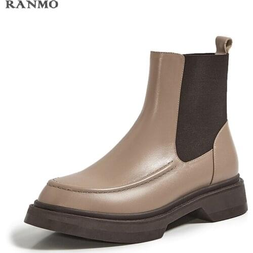 Genuine Leather Womens Boots Retro British Style Slip-On Chelsea Boots Fashion Ankle Boots Round Toe Low-heell 2021 Women Shoes