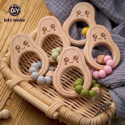 Lets Make 1PC Avocado Wooden Rodent Baby Teether Bracelet Silicone Beads Beech Accessories Toys Shower Gift Wood Rattles Nurse