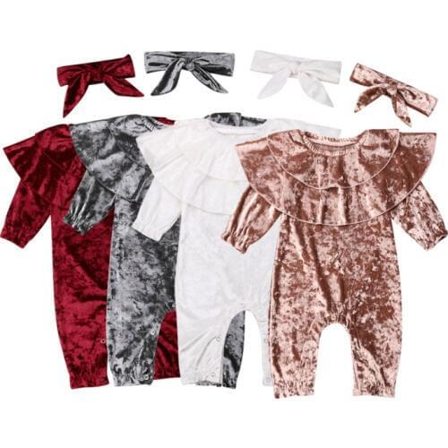 Autumn Winter Baby 2pcs Clothes Infant Baby Kids Boys Girls Romper Solid Jumpsuit Long Sleeves Solid + Headband Outfit Set 0-24M
