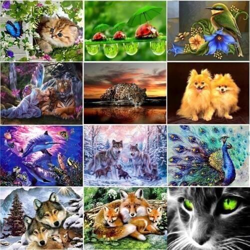 Diy5D round diamond painting landscape Wolf animal sticker peacock Mosaic cross embroidery home wall stickers Mosaic New Year