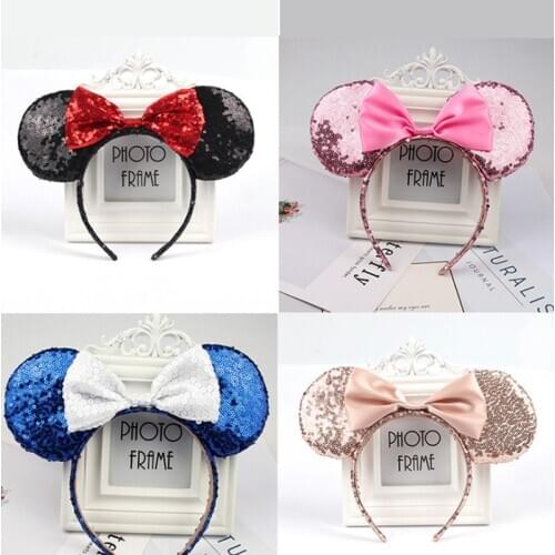 Disney Minnie Mouse Headdress Pretend Play Game Mickey Head Ears Sequin Girls Hair Bands Princess Head Hoop Plush Toys Kid Gift