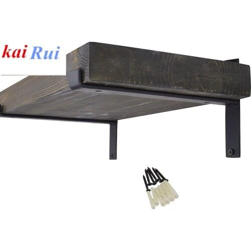 2Pcs Black Wall Mount Consice Rustic Rural Wooden Floating Shelf Bracket Support T Shaped With Screws