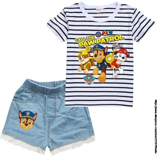 Summer Kids Fashion Casual Clothes PAW PATROL Pattern Printed Tshirt +Jeans Baby Children Cotton Clothing Set Girls Shorts Sets
