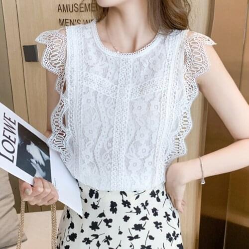 Summer Black Lace Blouses Women Hollow Out O-Neck Womens Shirt Female Sleeveless Top Solid Slim Basic Clothing