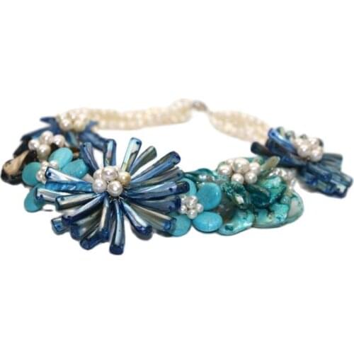 MADALENA SARARA European American Festival Freshwater Pearl Necklace And Shell Flower Necklace 18" Colorful Multi-row