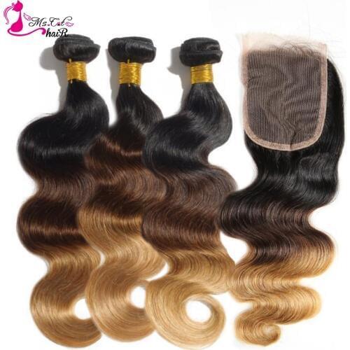 Ms Cat Ombre Brazilian Hair Weave Bundles With Closure Blonde Body Wave Bundles Human Hair 3 Bundles With Closure Remy 1B/4/27