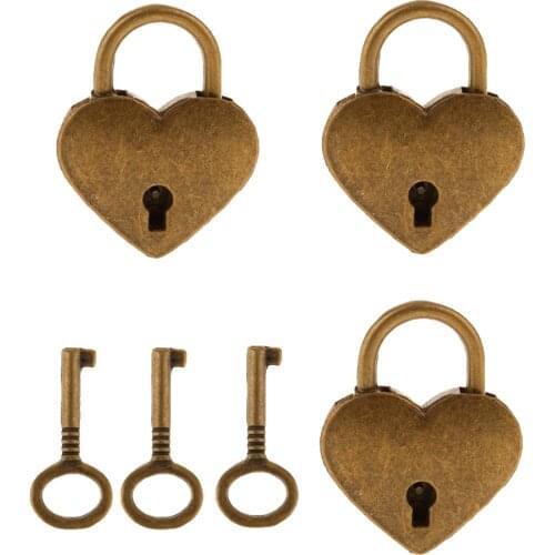 Set of 3 Heart Shape & Key Vintage Padlock Travel Locker Set 39mm - Antique Brass M