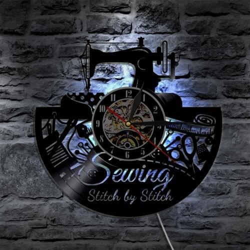 Quilting Time Wall Art Clock Sewing Machine Wall Clock Home Decor Sewing Machine Quilting Tool Vinyl Record Wall Clock LED Light