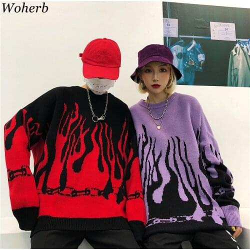 Woherb Oversize Sweater Harajuku Hip Hop Flame Fire Pullover 2020 Autumn Winter Man Women Loose Jumper Fashion Unisex Streetwear