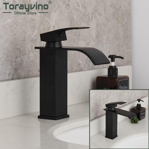 Torayvino Matte Black Bathroom Faucet Single Handle Single Hole Basin Sink Faucets Washbasin Cold And Hot Mixer Waterfall Tap