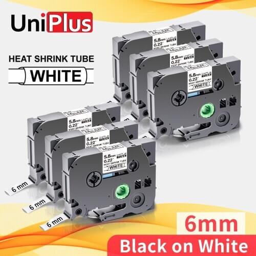 UniPlus 6PK HSe-211 hse211 Brother Compatible Label Tape Heat Shrink Tube Industrial Ribbon Printer 6mm Black on White PT-P900