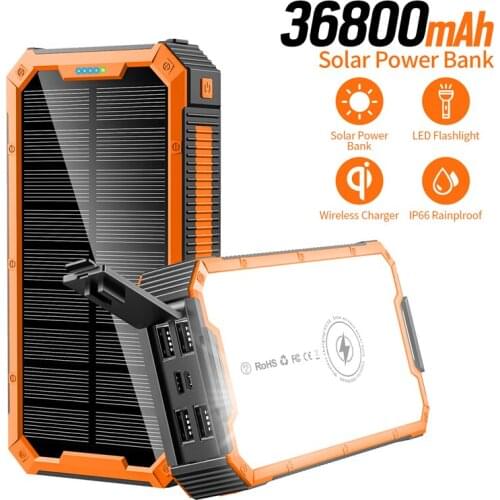 36800mAh Solar Power Bank Qi Wireless Charger Mobile External Battery Powerbank For Samsung iPhone Xiaomi Poverbank with Light