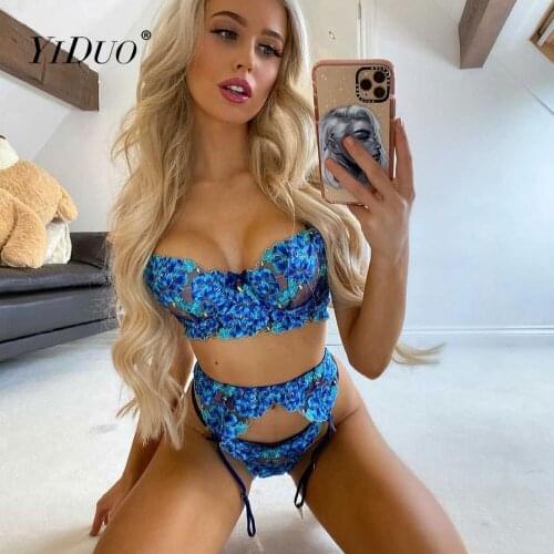 YiDuo Blue Floral Embroidery Sensual Lingerie Woman 3 Piece Set Sexy Lingerie Underwear Set With Waistband Lace Brief Sets 2021