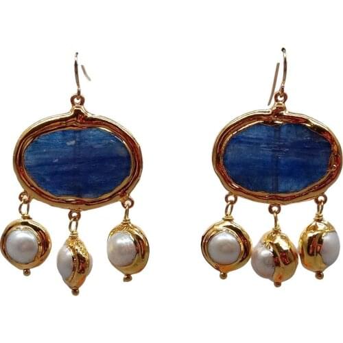 YYGEM Natural Oval Blue Kyanite White Round freshwater Pearl Dangle Gold Filled Hook Earrings geometric luxury style for women
