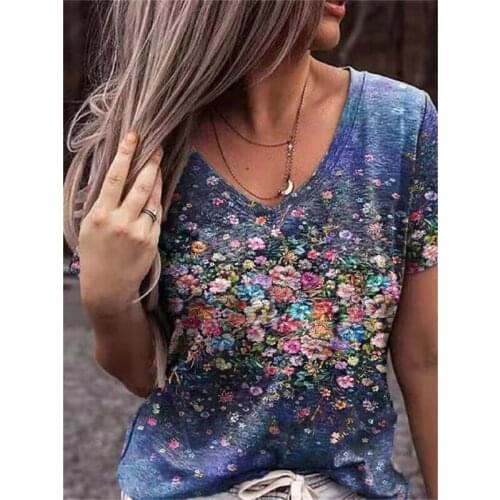 2021 Fashion Womens Summer V-Neck Short Sleeve Casual T-Shirts Flower Printed Vintage Top Plus Size Streetwear Tee Shirt Femme