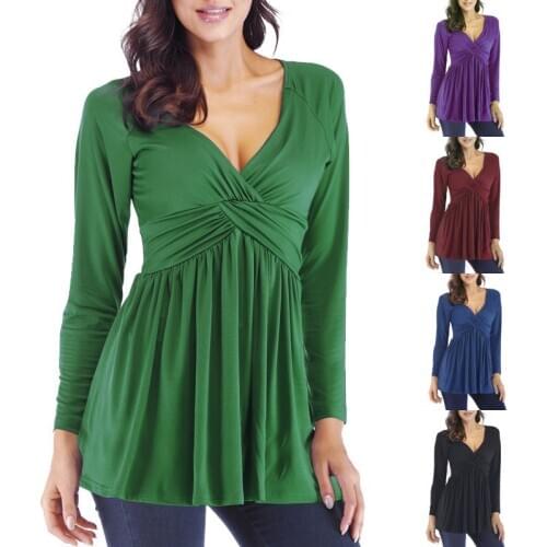 Womens T-shirt 2021 Spring Autumn new render unlined upper garment hot style smoke plait long-sleeved v-neck tshirts myjzc011