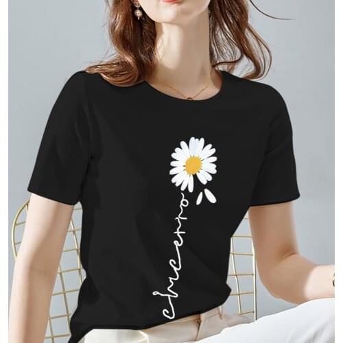 Women T-Shirt Vintage Daisy Flower Pattern Print Series Summer Black All-match O Neck Short Sleeve Tees Casual Tops XXS-3XL