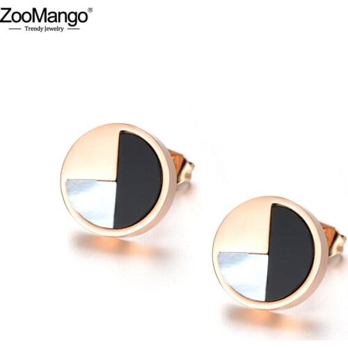ZooMango White Shell Black Acrylic Rose Gold Stud Earrings Jewelry For Women Boucle D'oreille Stainless Steel Jewelry ZE18040