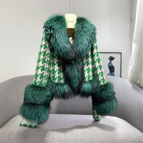 Womens Wool Jacket 2020 New Winter Vintage Green Houndstooth Plaid Fur Coat Female Real Fox Fur Coats Abrigo Mujer Invierno