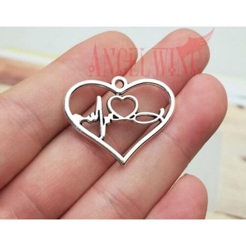 10pcs/lot--25x31mm, ECG chams, Antique silver plated Electrocardiogram heart charms,DIY supplies, Jewelry accessories