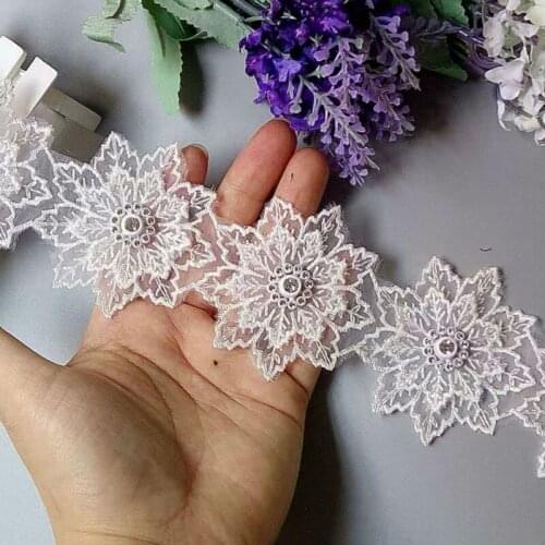 10x White Pearl Handmade Beaded Flower Embroidered Lace Trim Ribbon Double Layered Applique Dress DIY Sewing Craft New