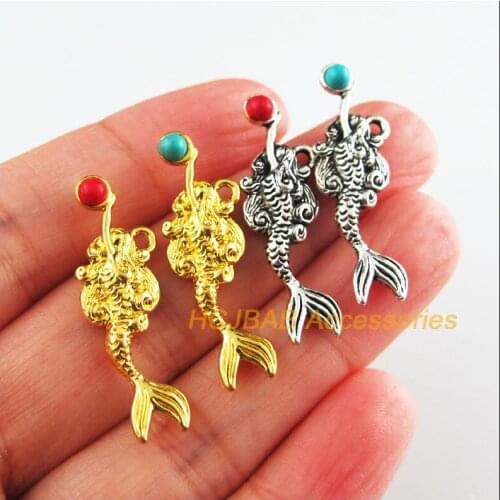 12 New Mermaid Charms Tibetan Silver Tone & Gold Color Red & Blue Stone Pendants 10x32.5mm
