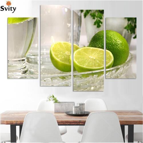 4 panels lemon fruit green canvas painting modern wall paintings for home decorative wall art picture paint on canvas prints