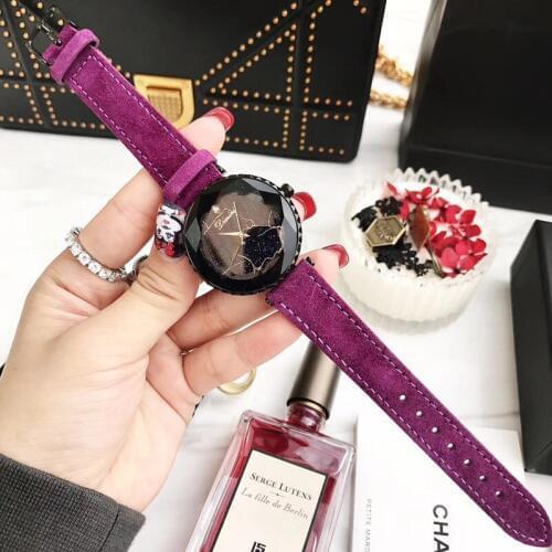 Shinning Lightning Watches for Women Cool Faceted Crystal Black Wrist watch Quartz Marble Watch Waterproof Fur Leather Montre