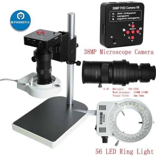 1080P HDMI VGA Digital Microscope Set for Electronic Phone Soldering 130X /200X /250X 38MP Microscope Camera USB LED Ring Light