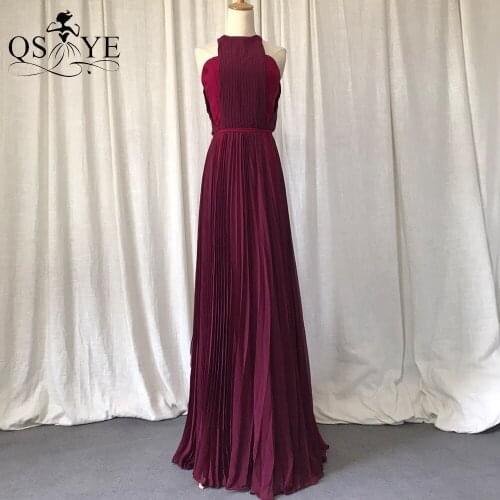 Halter Red Prom Dresses Sleeveless Chiffon Long Evening Dress Crumpled Pleat Party Gown Belt Formal Gown Vestido