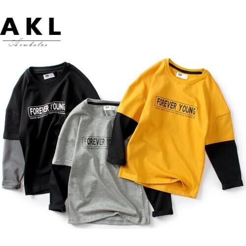 New 2020 Autumn Boys Contrast Color T-shirt Childrens Cotton Print Long Sleeve Shirt Childrens Spring And Autumn Casual Wear