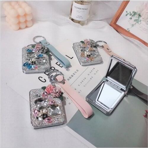 Korean Crystal Diamond Portable Makeup Mirror Keychain Double-sided Folding Creative Square Small Mirror Lady Bag Pendant