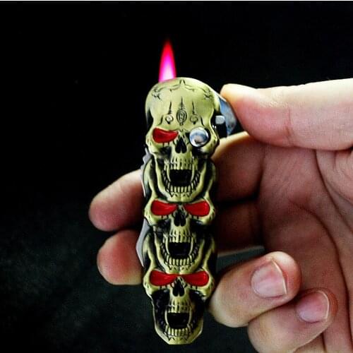 Creative Gas Lighters Skull Shape Lighter With Knife Multifunctional Windproof Jet Butane Cigarette Lighter