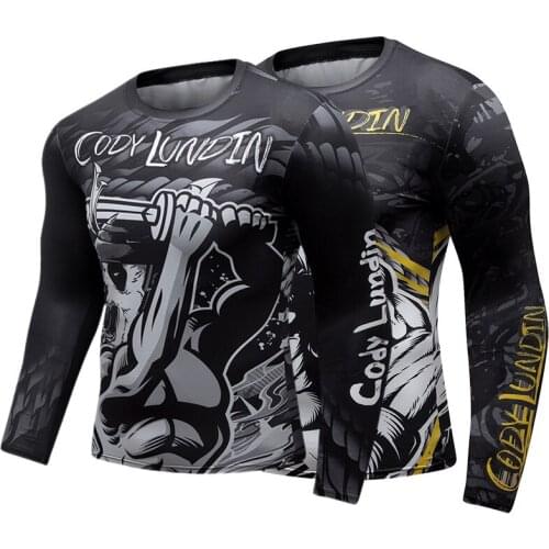 Running Mens MMA Compression Shirt Fitness Quick Dry Fit Long Sleeve Training Sweatshirt Bodybuilding Workout Gym Sport T Shirt