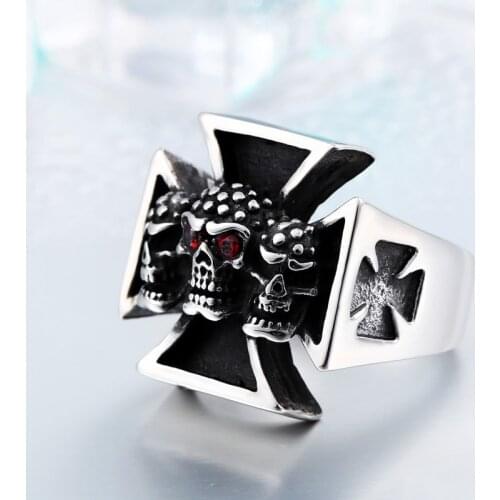 BEIER Fine Jewelry Punk Cool Cross Titanium Steel Mans High Quality Red Eye Skull Ring Vitage jewelry For man BR8-214