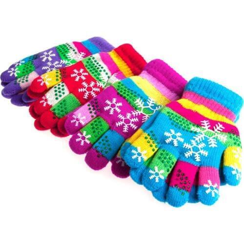 Autumn Winter Children Bi-layer Thickened Snow Print Colored Yarn Knit Gloves