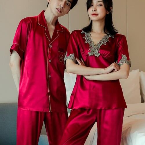 M-XXXL Couple 2PCS Faux Silk Pajamas Set Mens Loose Short Sleeve Shirt&Pant Sleepwear Women Sexy V-Neck Pijama Lovers Home Wear