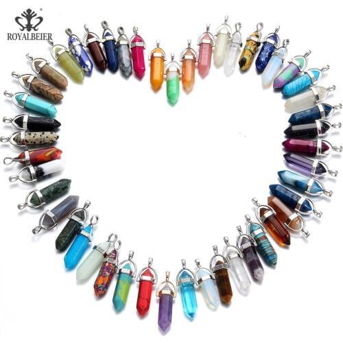 ROYALBEIER 10pcs/lot Pendant Natural Stone Quartz Bullet Hexagon Point Pendulum Column Reiki Healing Chakra for Making Jewelry