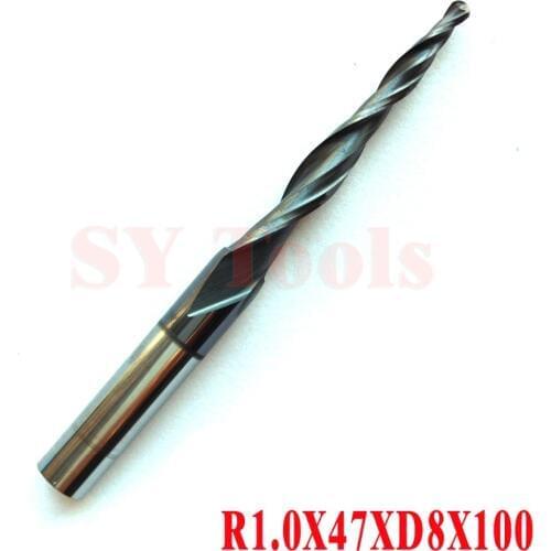 - R1.0*D8*47*100L*2F HRC55 Tungsten solid carbide Coated Tapered Ball Nose End Mills taper and cone endmills