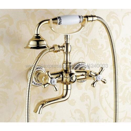 Luxury Gold Color Brass Bathtub Faucet Wall Mount Handheld Bath Tub Mixer System with Handshower Telephone Style Ktf408