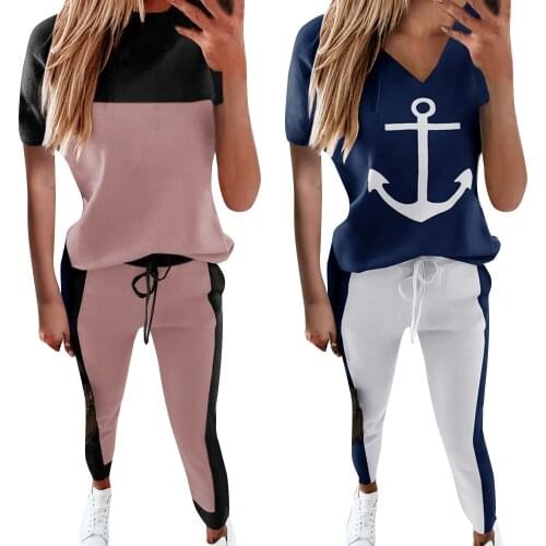 Tracksuit Women Summer Casual 2 Piece Outfits Color Matching V-Neck Short Sleeve T-Shirts+Drawstring Mid Waist Pencil Pants Sets