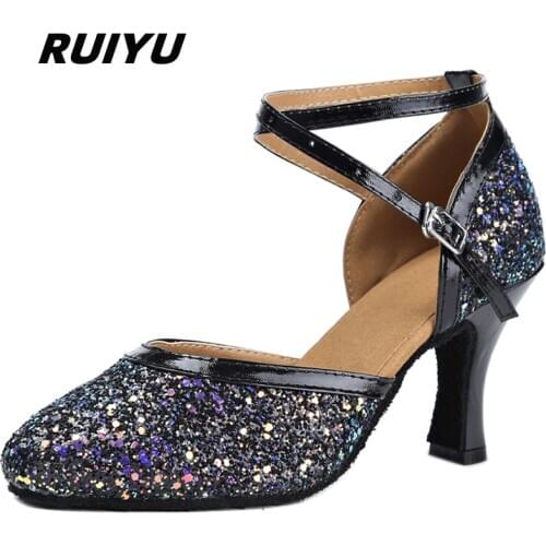 RUIYU Womens Latin Dance Shoes Adult Soft Tango Salsa Sports Dance Shoes Fashion Sequins Black and White