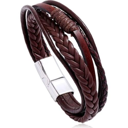 Vintage Hand-woven Mens Leather Bracelet Simple Multi-layer Alloy Magnet Buckle Imitation Leather Bracelet