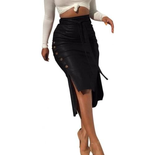 2021 Spring Summer New Fashion Sexy Women High Waist Skirts Faux Leather Bandage Side Buttons Bodycon Split Midi Elegant Skirt