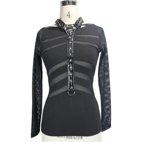 Devil Fashion Gothic Style Black Sexy Transparent Bodycon Slim Women T-Shirts Punk Hollow Out O-Neck Long Sleeve T-Shirt Tees