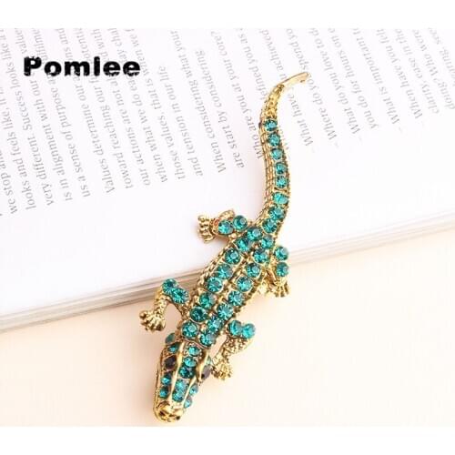 Pomlee Green Rhinestone Crocodile Brooches For Women Vivid Aniamal Pin Vintage Moving Lizard Pin Good Gift Christmas Gift