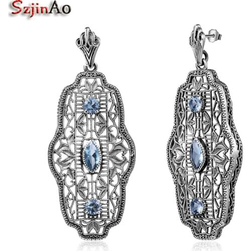 100% Real Sterling Silver 925 Earings Vintage Aquamarine Solid Retro Long Dangle Earrings Silver 925 Fine Jewelry For Women Gift