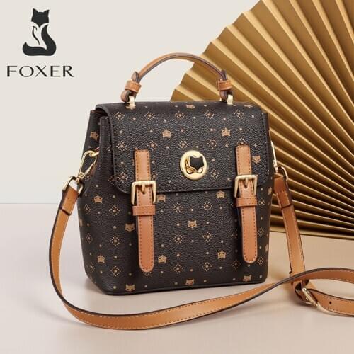 FOXER Womens Monogram Printing Outdoor Backpack Lady Classical Satchel Signature Female PVC Leather Vintage Travel Rucksack