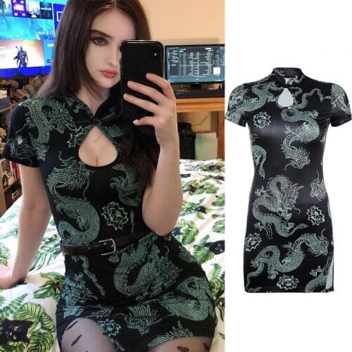 Bodycon Palace Mini Dress Women Gothic Streetwear Print Retro Dress Cheongsam Improved Dragon Print Split Leg Slim Dress