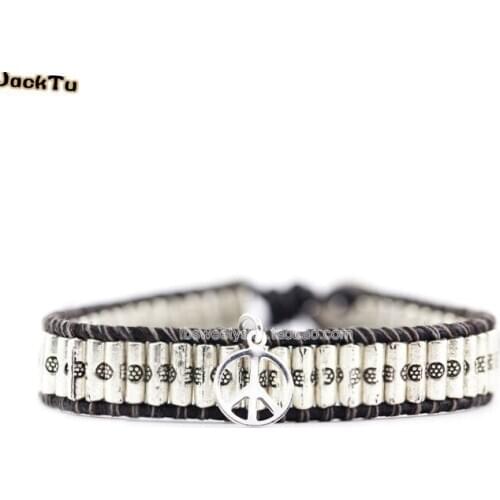 2017 Free shipping handmade alloy parts black leather wrap bracelet